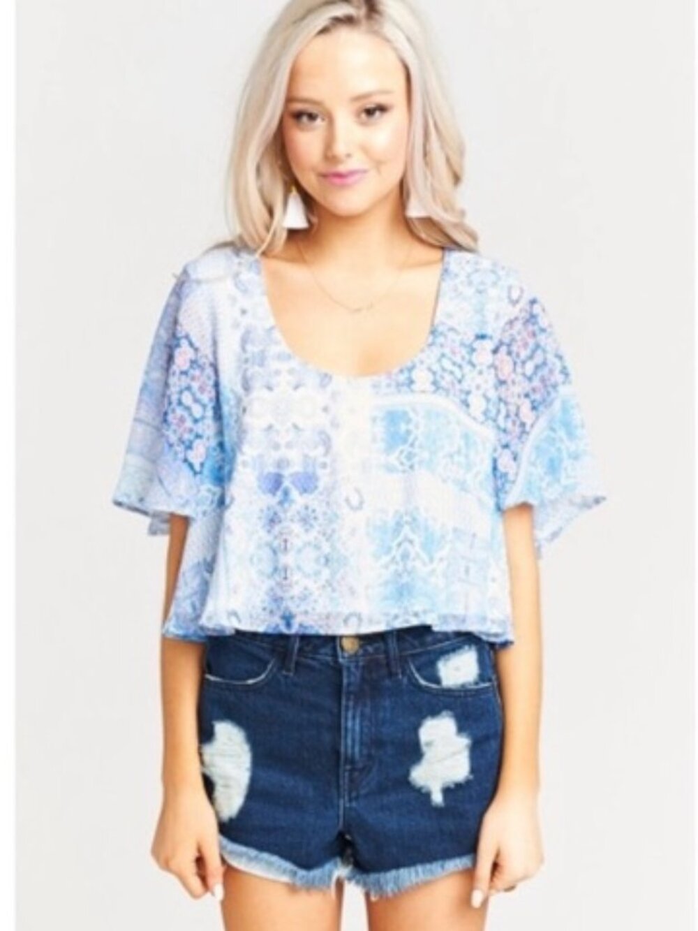 Show Me Your MuMu Kourtney Crop Top Chiffon Blouse Paisley Blue Size Large NEW